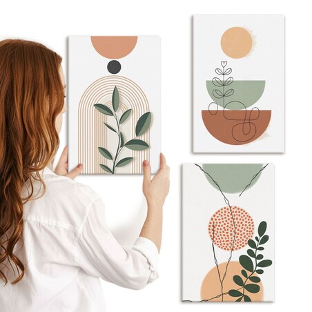 Zestaw 3 małych obrazów na płótnie - Abstrakcyjne roślinne kształty boho - beżowy