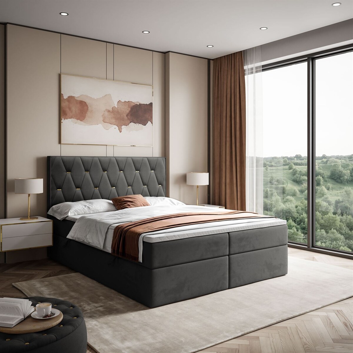 Łóżko kontynentalne IZOLDA z pojemnikiem na pościel, 160x200, RV 185, topper