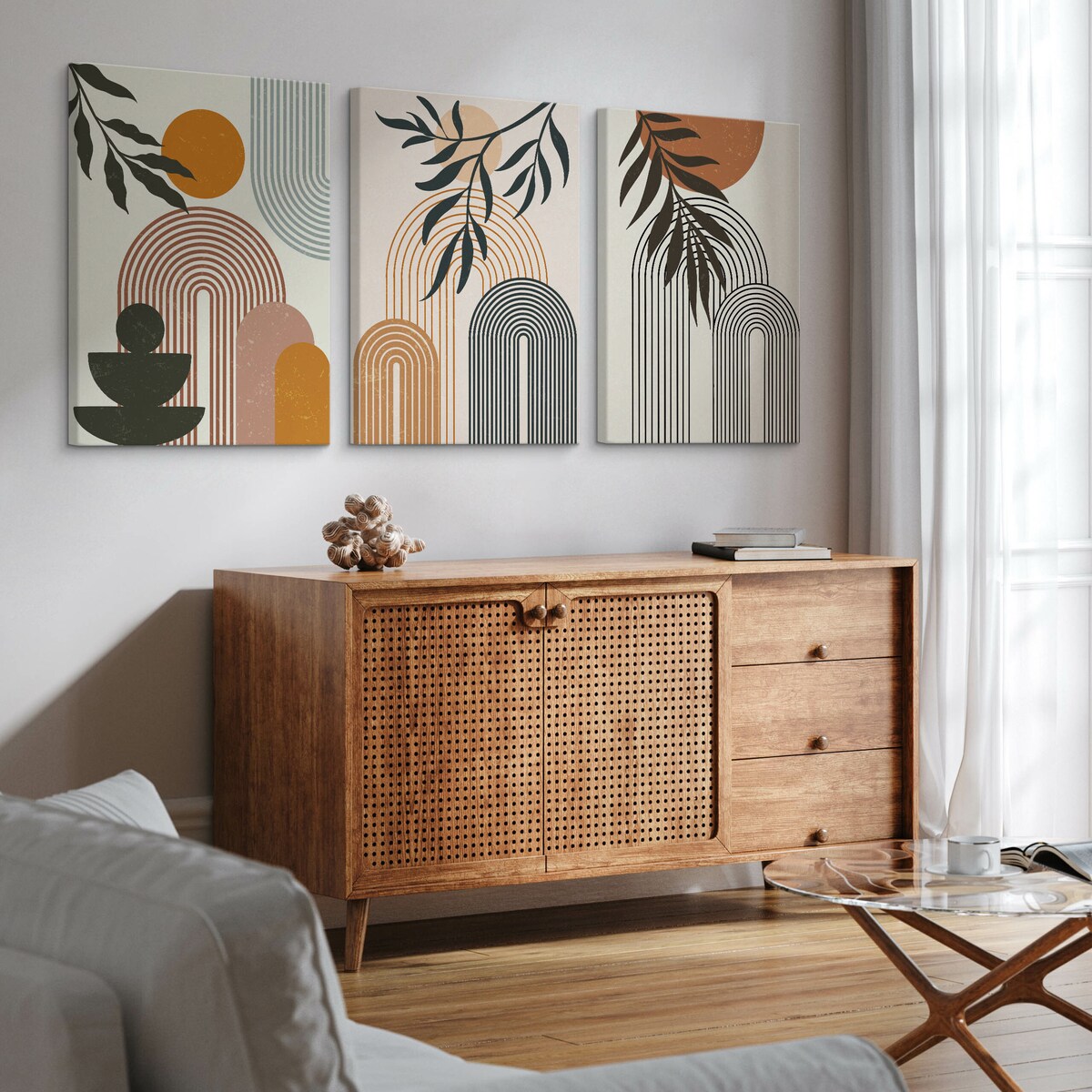 OBRAZY NA PŁÓTNIE SET STYL BOHO LIŚCIE AZTECKIE ORNAMENTY ABSTRAKCJA 90x40cm