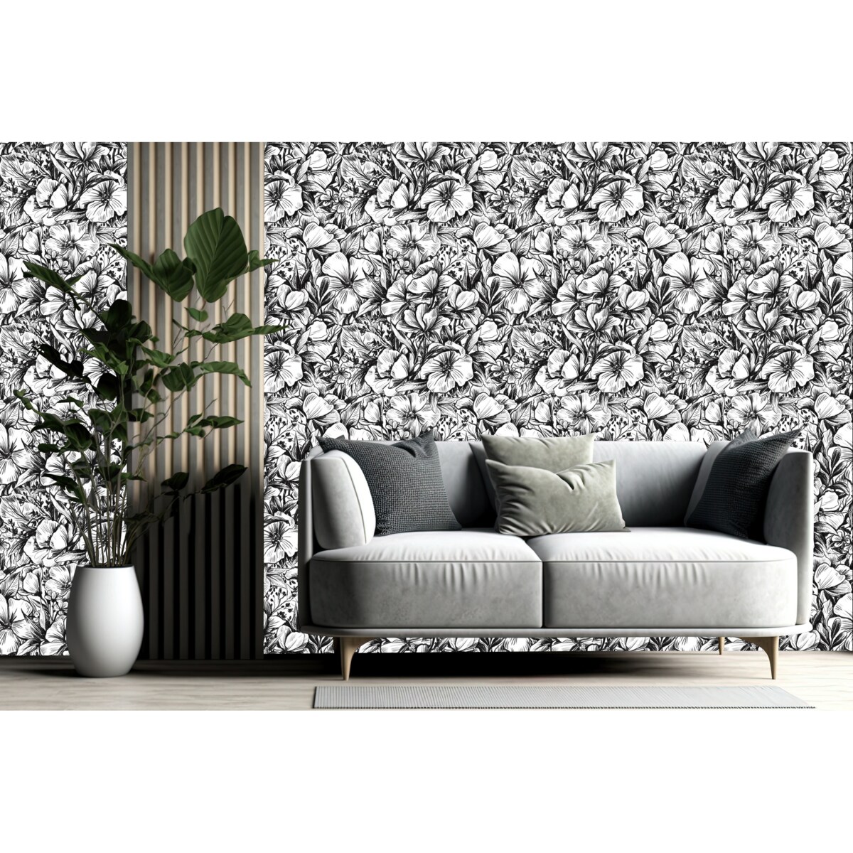Tapeta Czarno-Białe Kwiaty i Liście