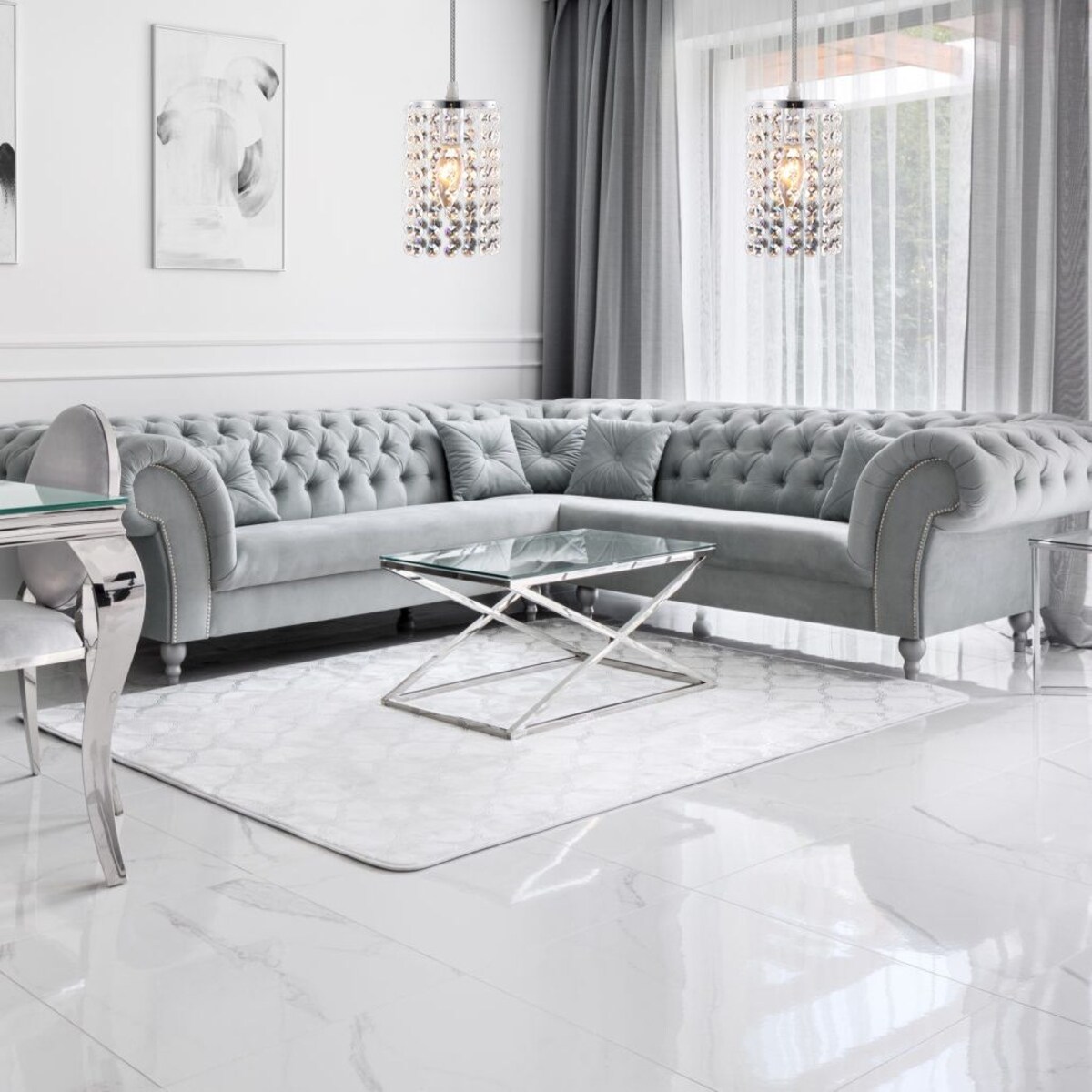 Lampa Sufitowa Wisząca Kryształy Glamour Srebro