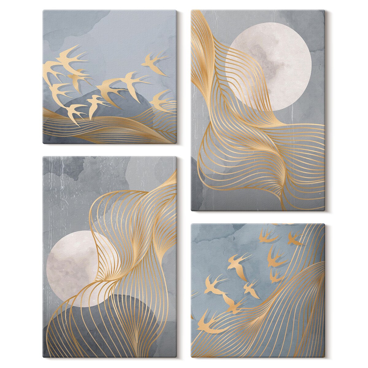 Zestaw 4 obrazów na płótnie - Abstrakcyjne fale okręgi szarość - szary