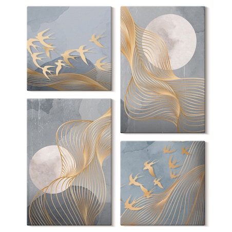 Zestaw 4 obrazów na płótnie - Abstrakcyjne fale okręgi szarość - szary