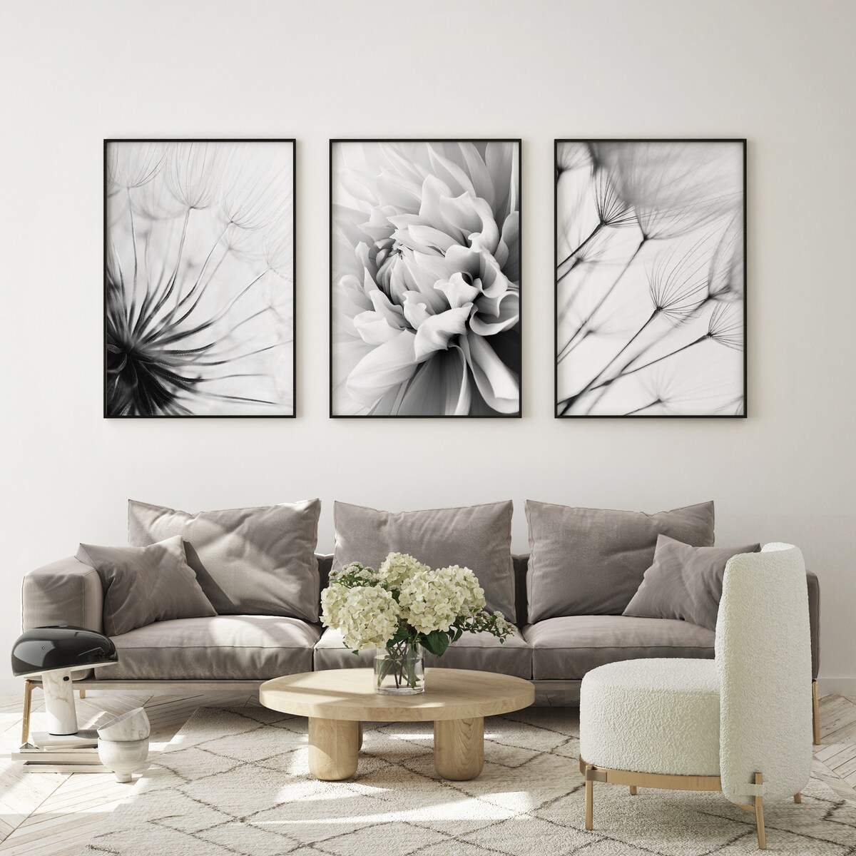 ZESTAW X3 PLAKAT W RAMIE CZARNO-BIAŁE KWIATY DMUCHAWCE DO SYPIALNI 60x80cm