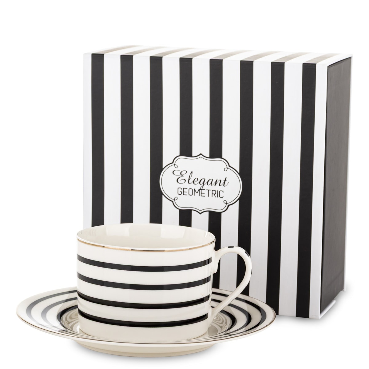 Filiżanka 220 ml i spodeczek, w 4 czarne poziome paski, w pudełku, LARGO