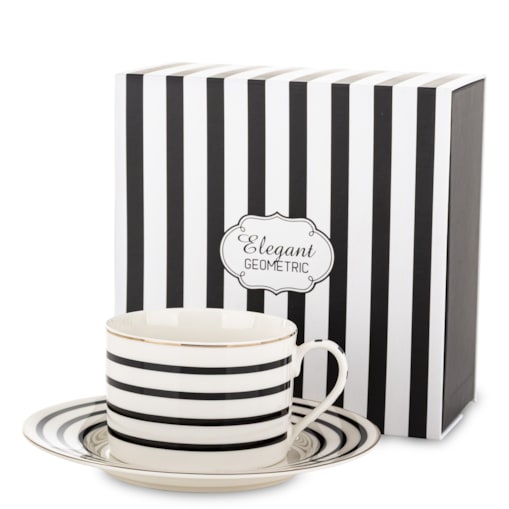Filiżanka 220 ml i spodeczek, w 4 czarne poziome paski, w pudełku, LARGO