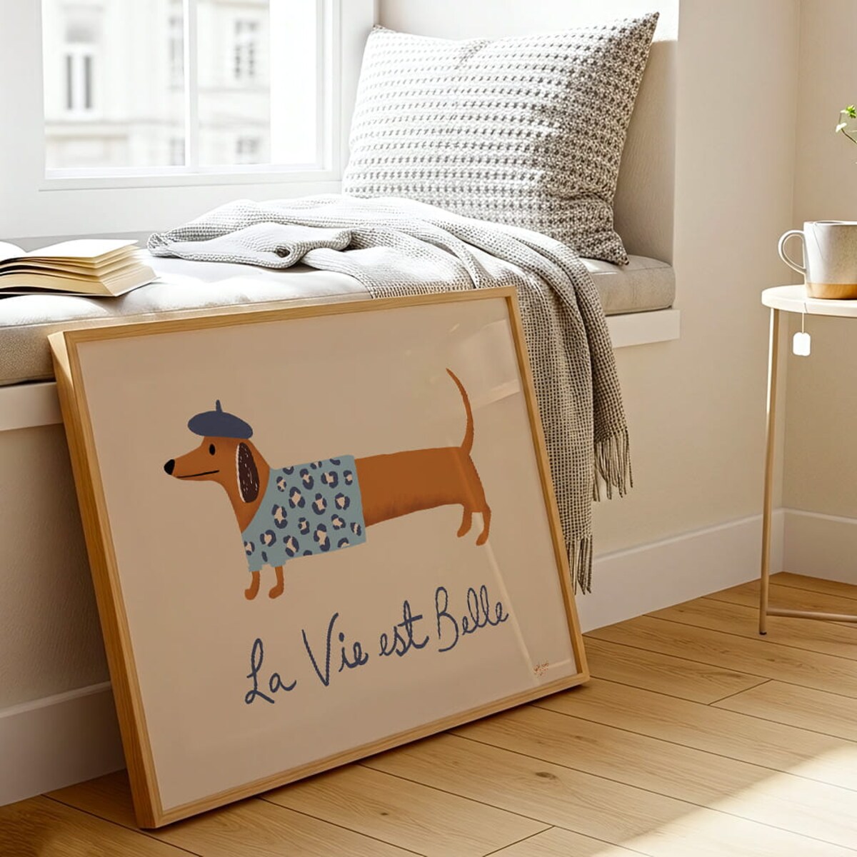 plakat jamnik w niebieskim berecie 70x100