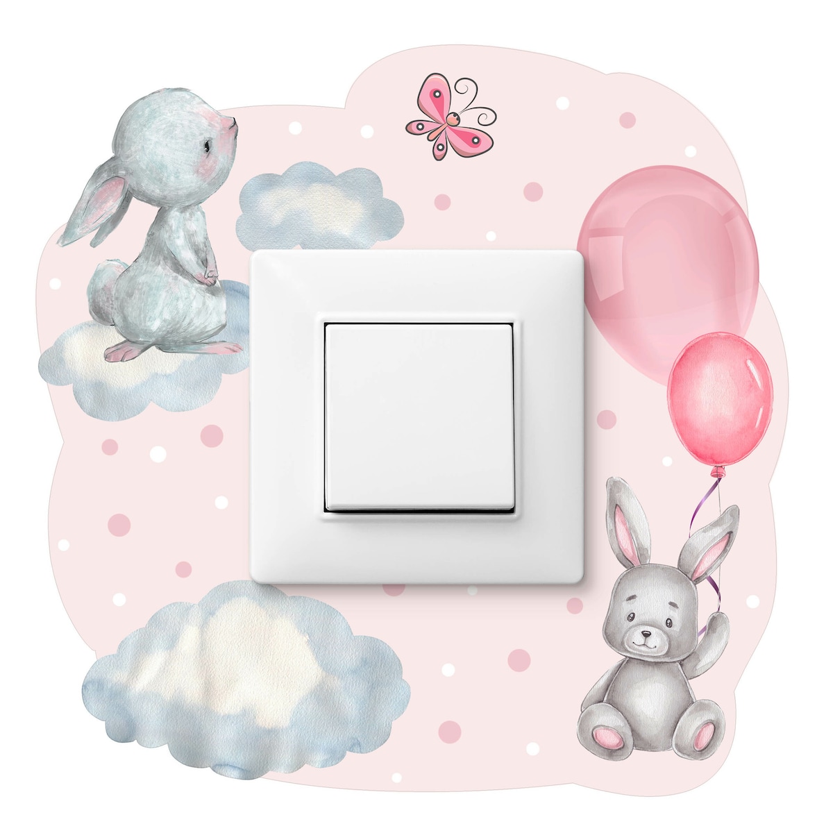 Naklejka Pod Kontakt Dla Dzieci Króliczki Różowe Balony Kropki Chmurki 20x20cm