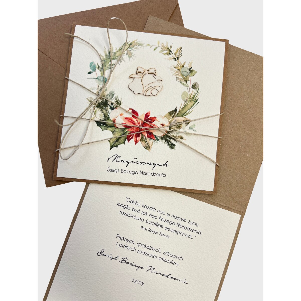Wyjątkowa stylowa kartka ekologiczna świąteczna + najpiękniejsze życzenia na Boże Narodzenie świąteczny wianek + świąteczne dzwonki