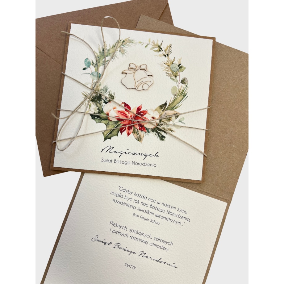 Wyjątkowa stylowa kartka ekologiczna świąteczna + najpiękniejsze życzenia na Boże Narodzenie świąteczny wianek + świąteczne dzwonki