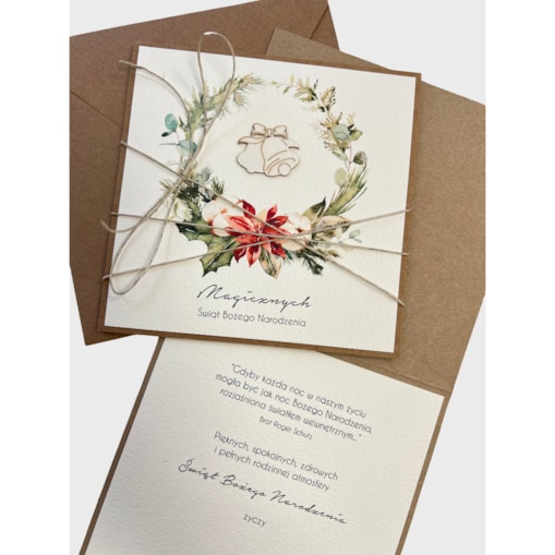 Wyjątkowa stylowa kartka ekologiczna świąteczna + najpiękniejsze życzenia na Boże Narodzenie świąteczny wianek + świąteczne dzwonki