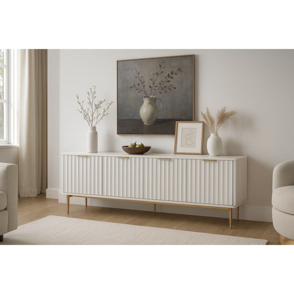 Ryflowana szafka RTV złota Livino Glamour Premium 200x40x55