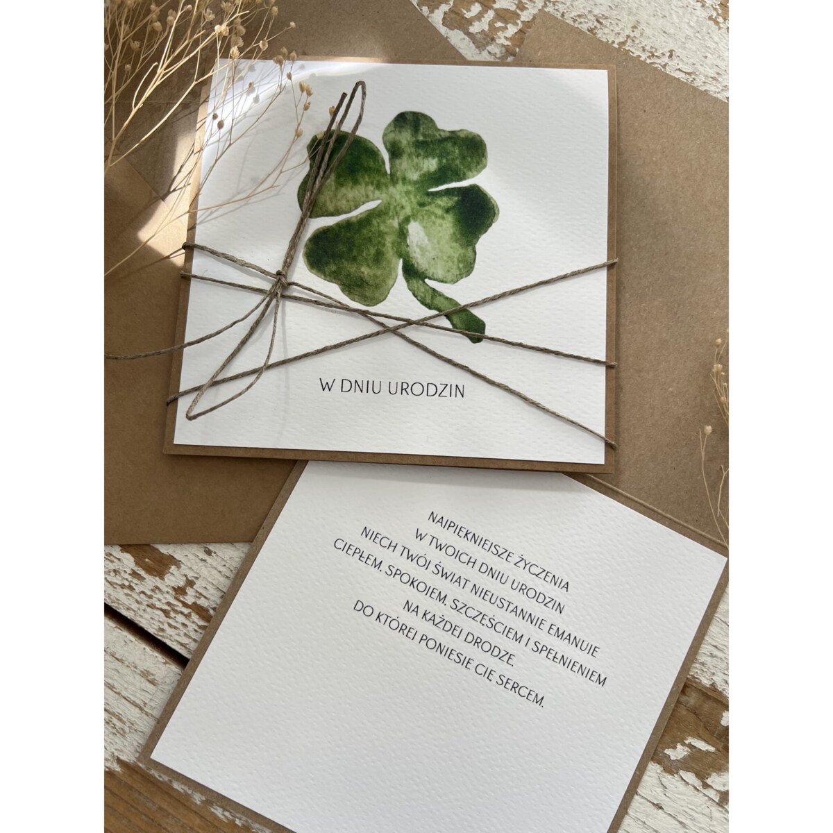 Kartka ręcznie robiona - urodzinowa w dniu urodzin życzenia urodzinowe czterolistna koniczynka