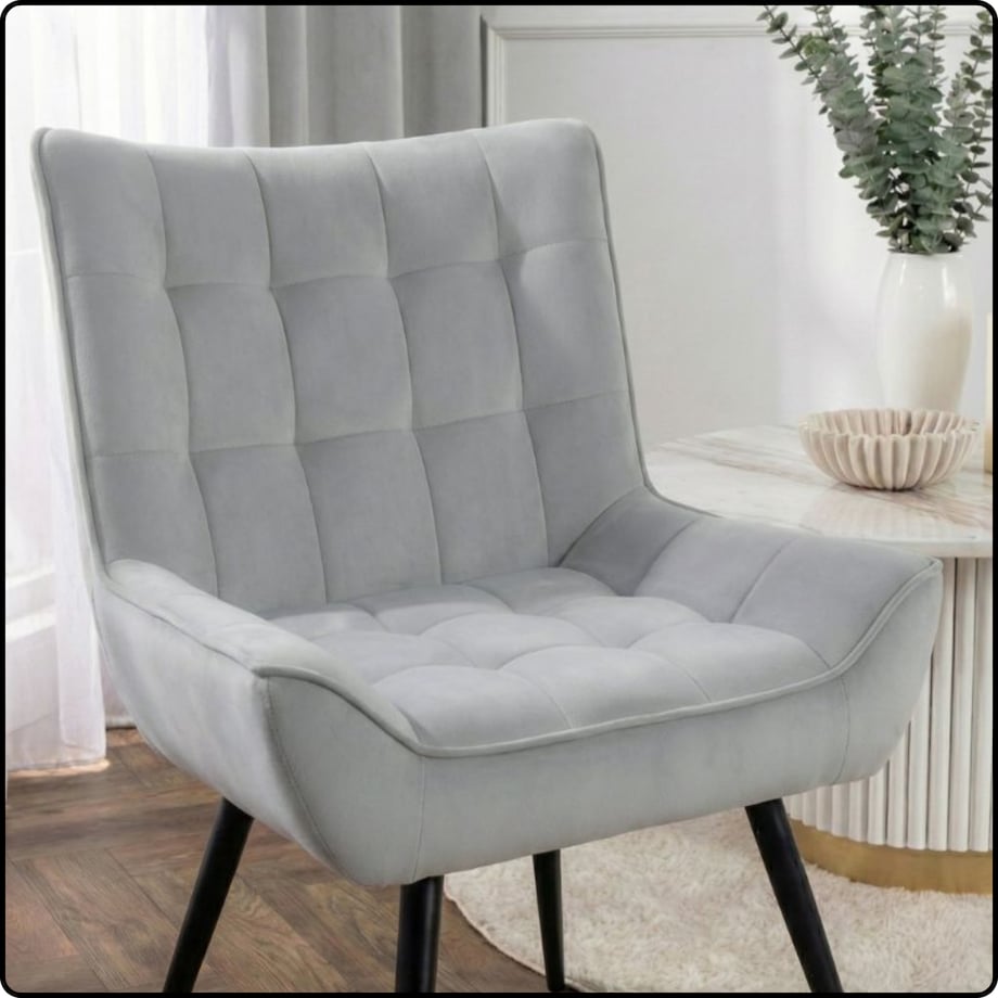 Fotel uszak tapicerowany welurowy wygodny z czarnymi nogami do salonu szary