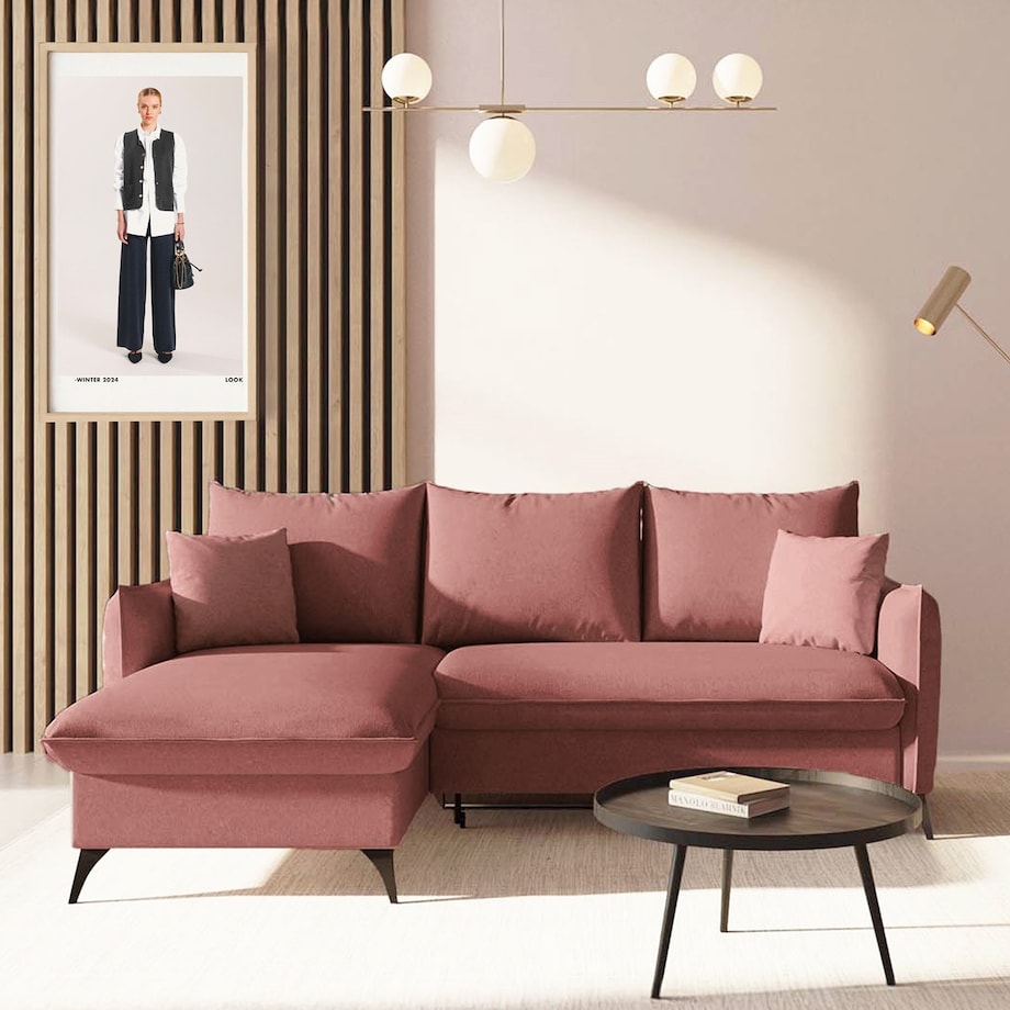 Brim Sofa narożna lewa z funkcją spania i pojemnikiem lewa różowa