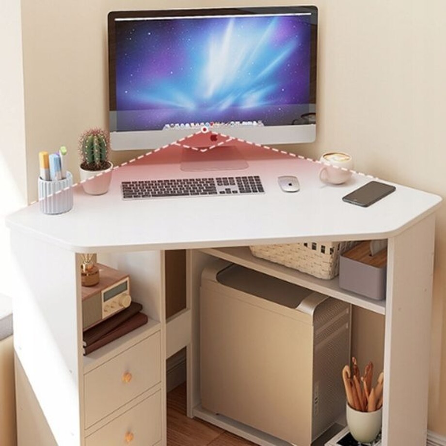 Biurko Narożne Trójkątne Komputerowe Z Półkami Nowoczesne Białe Loft