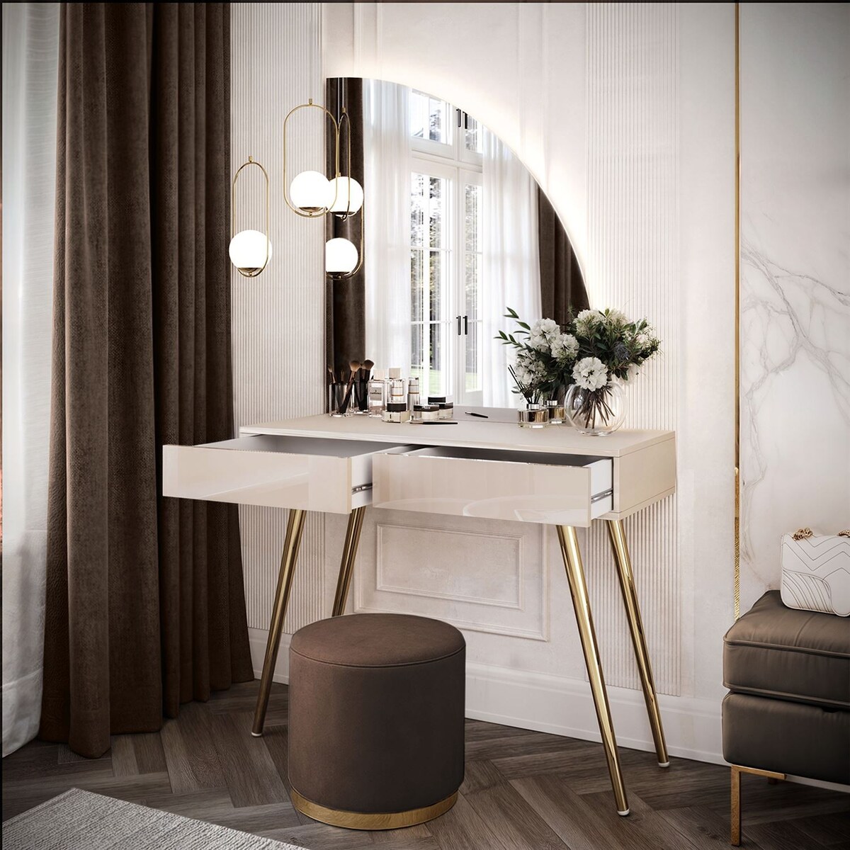 Toaletka kosmetyczna SIENNA-QS KASZMIR z lustrem LED, prawa, push-to-open