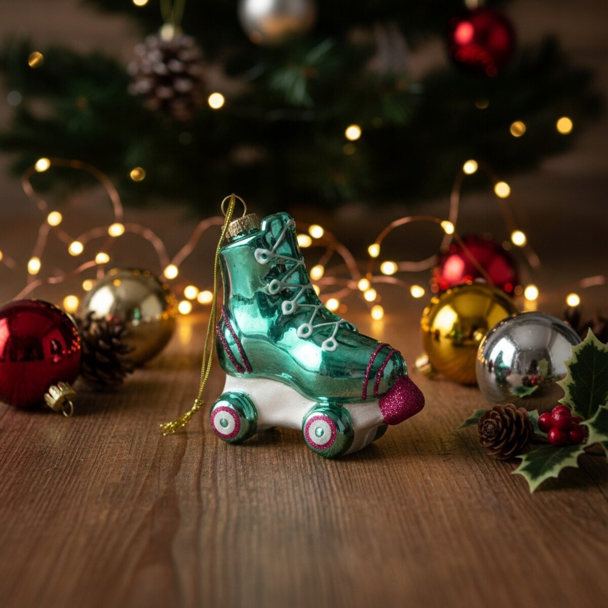 BOMBKA ZAWIESZKA PRL ROLKI TURKUSOWA SZKLANA HANDMADE BOMBKI CHOINKOWE