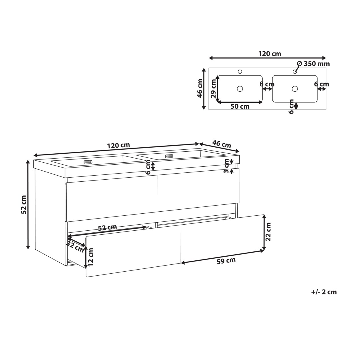 Szafka łazienkowa wisząca z podwójną umywalką VIEDMA 120 cm 52 cm Beżowoszary