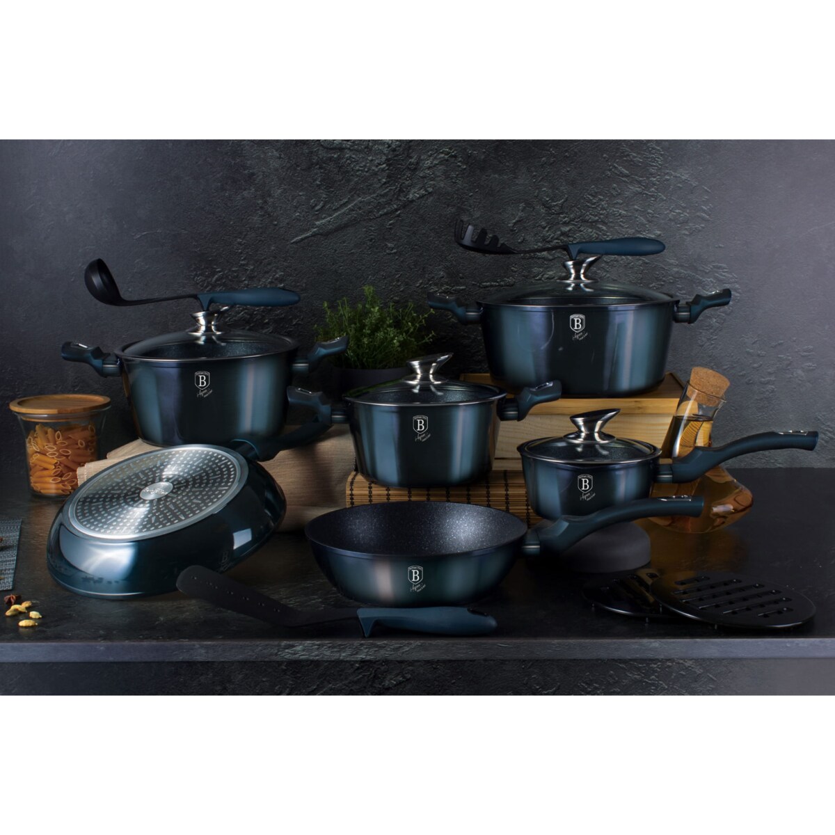 Garnek płaski z powłoką granitową 3.8L 28cm BERLINGER HAUS Metallic Aquamarine