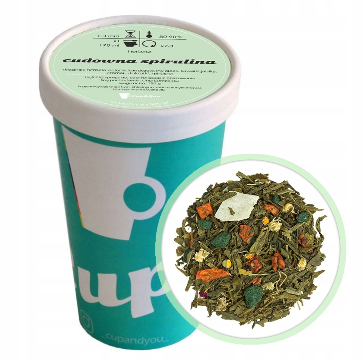Herbata zielona CUDOWNA SPIRULINA 120g najlepsza liściasta sypana jabłka - herbata liściasta sypana mieszanka napar susz