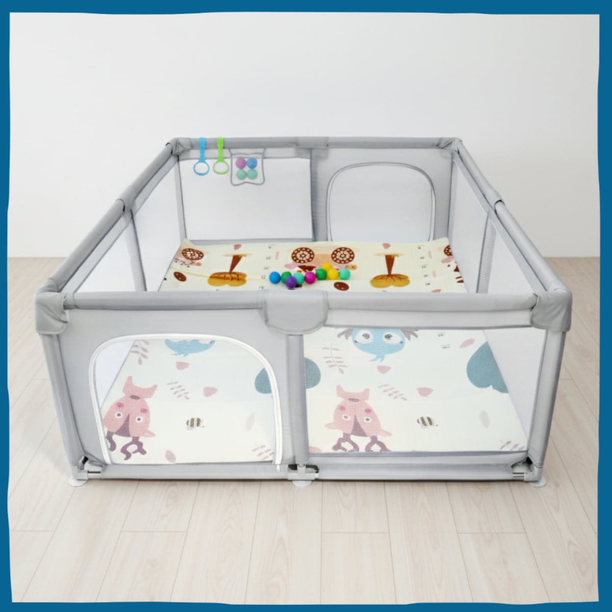 Kojec dla dziecka 180x200 cm suchy basen plac zabaw szary + piłki + torba