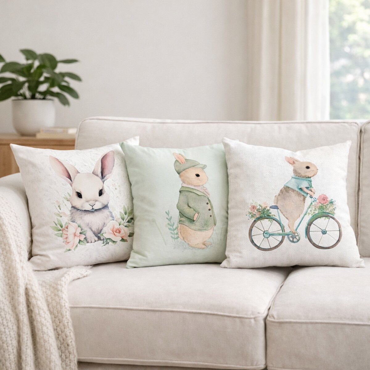 Wielkanocna poszewka dekoracyjna z weluru 45x45 Zajączek na rowerze