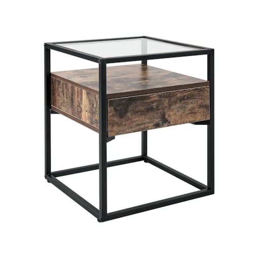 Stolik pomocniczy z szufladą szklany ciemne drewno z czarnym MAUK