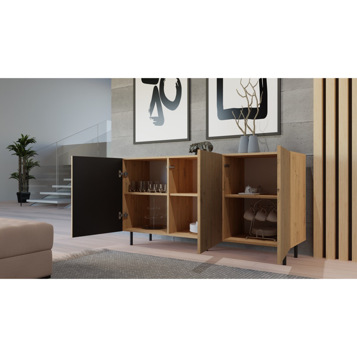 KOMODA KAMA3 SLIM RYFLOWANY FRONT LAMELE DĄB ARTISAN