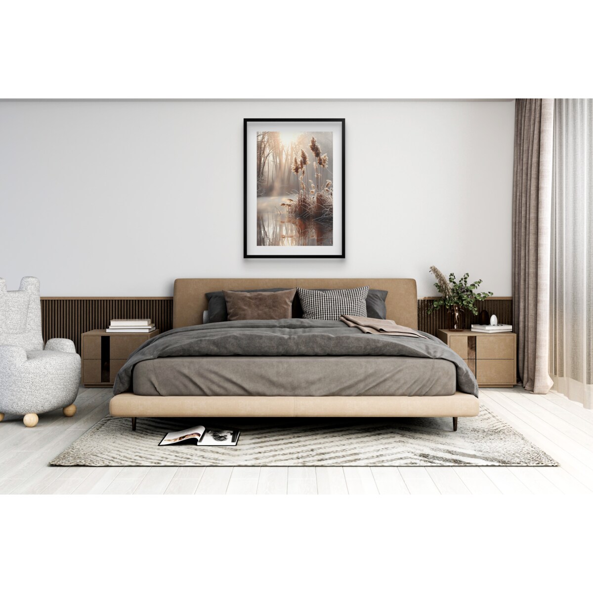 Beżowy Plakat z Trawą Obraz czarnej w ramie 50x70 Dekoracja do Salonu Biura
