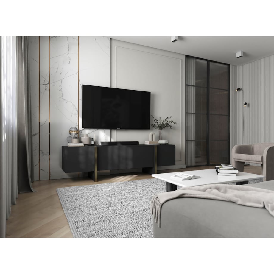 Szafka RTV Kenzo Nowoczesna Komoda RTV Glamour Czarny Mat 180 cm