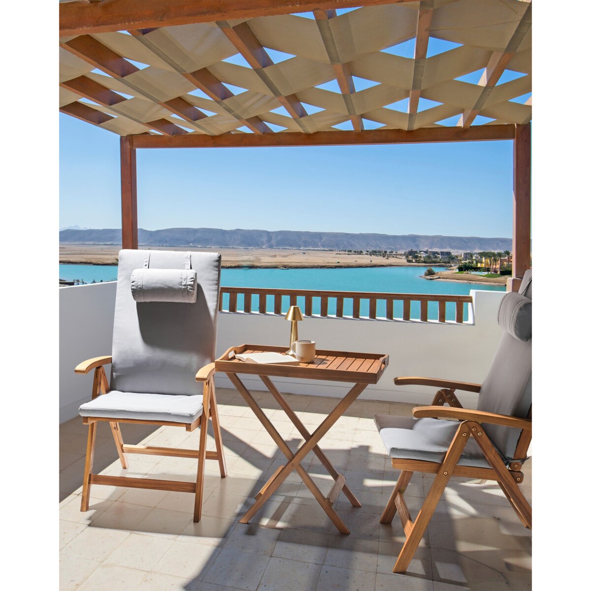 Zestaw 2 krzeseł ogrodowych z poduszkami JAVA PREMIUM Drewno akacjowe Jasnoszary