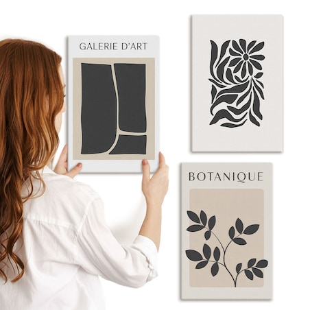 Zestaw 3 małych obrazów na płótnie - Abstrakcyjne wzory roślinne - beżowy