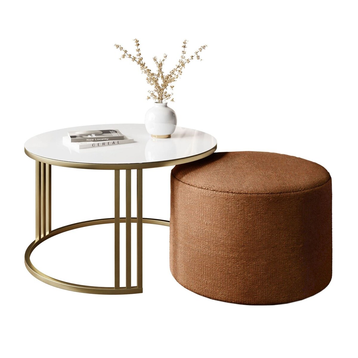 Stolik kawowy z pufą LORI GLASS złoto szczotkowane, białe szkło / Perfect Harmony 52