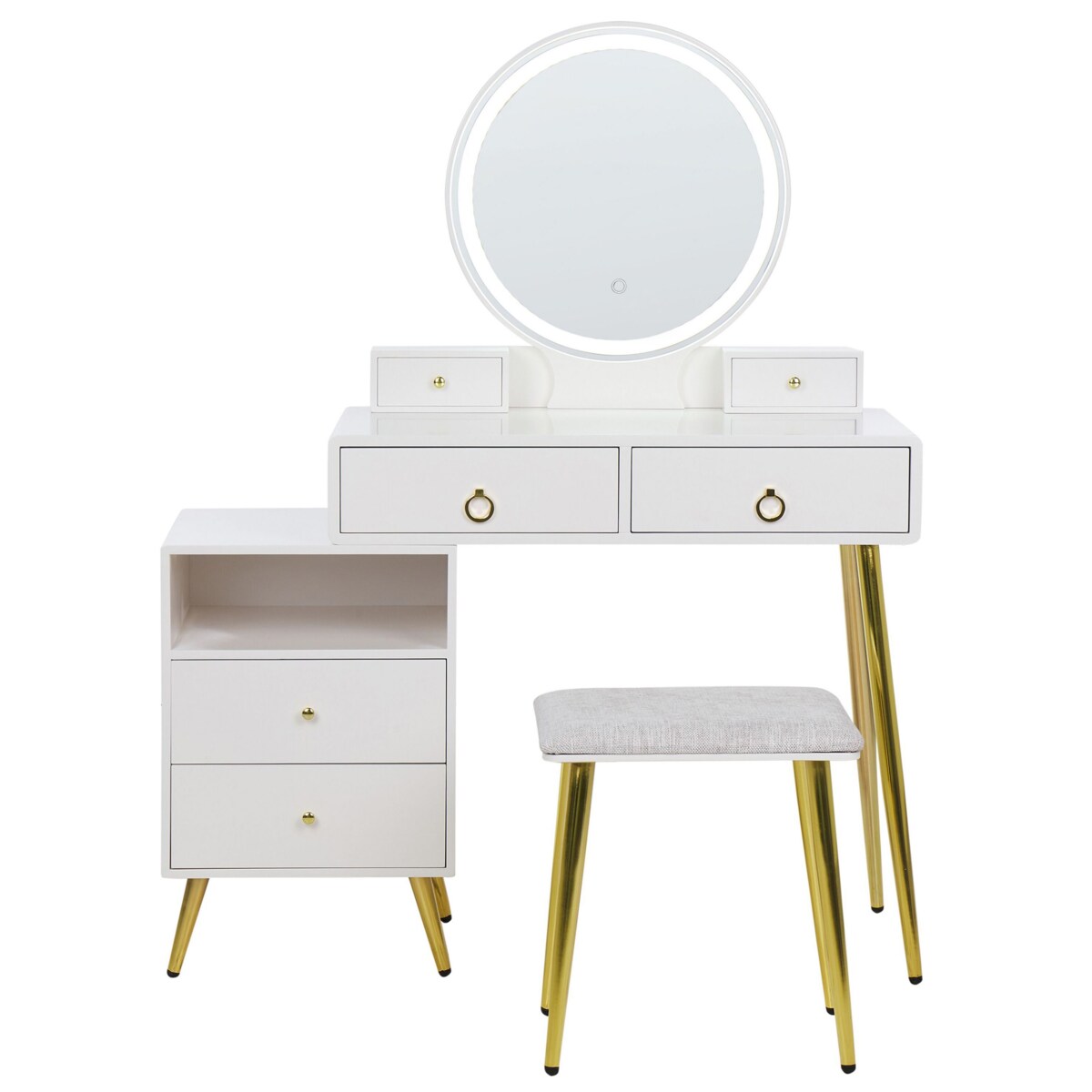 Toaletka 6 szuflad lustro LED ze stołkiem biało-złota YVES