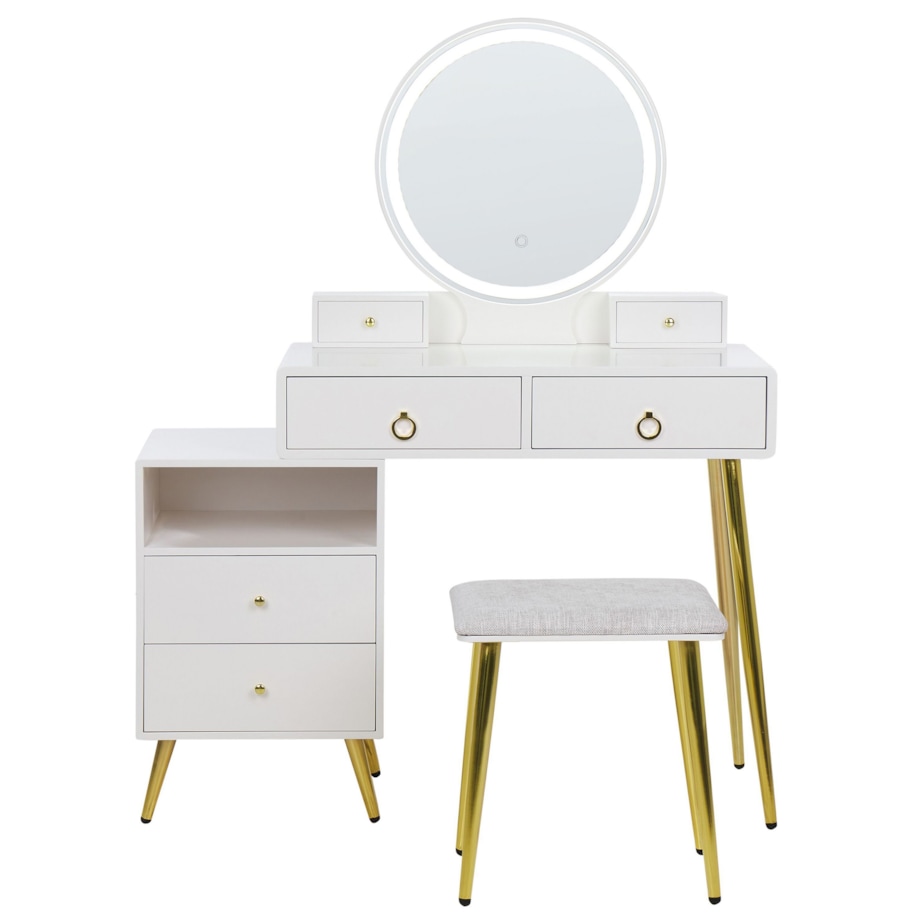 Toaletka 6 szuflad lustro LED ze stołkiem biało-złota YVES