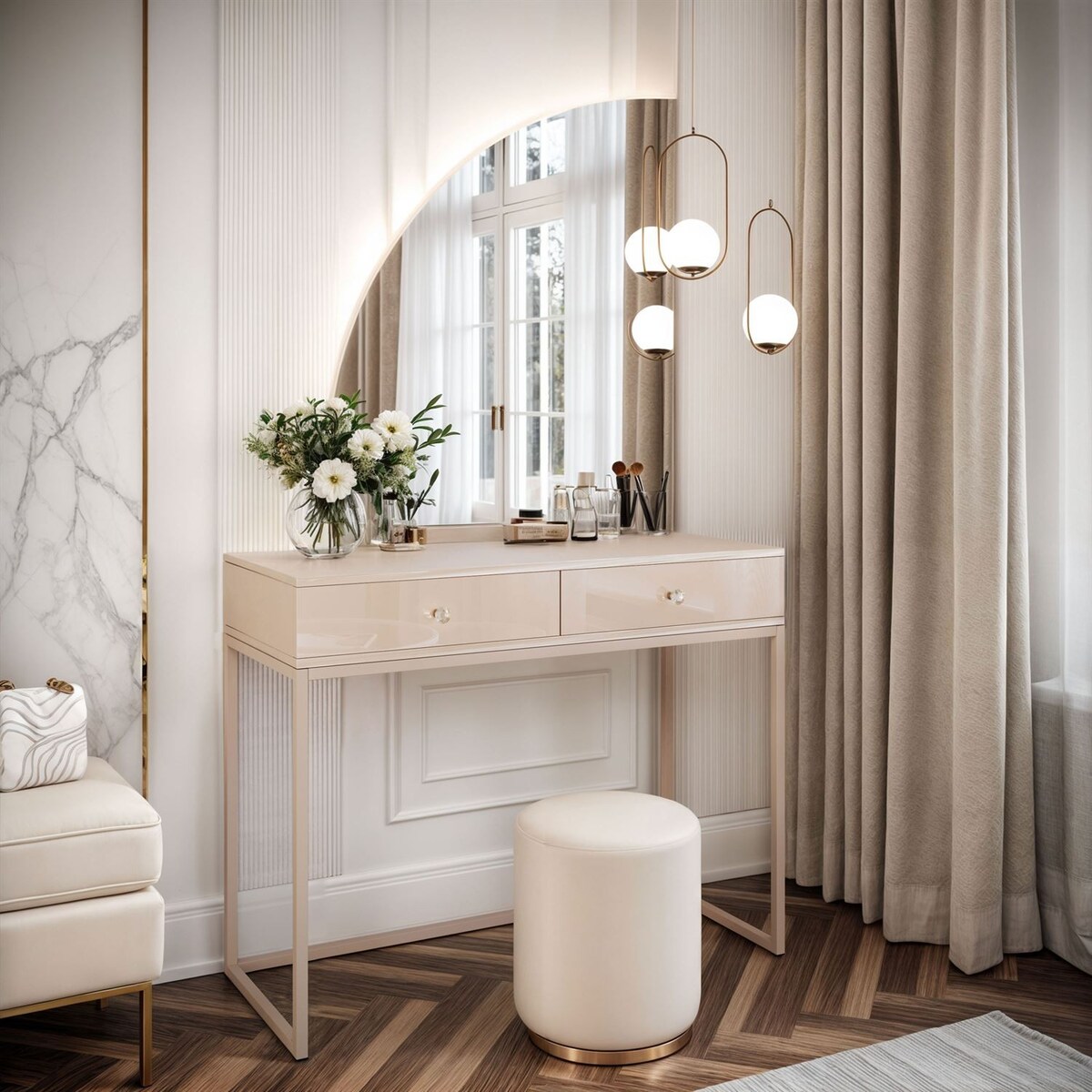 Toaletka kosmetyczna QUINNIE KASZMIR z lustrem LED złoty chrom, lewa, uchwyt biały kryształ