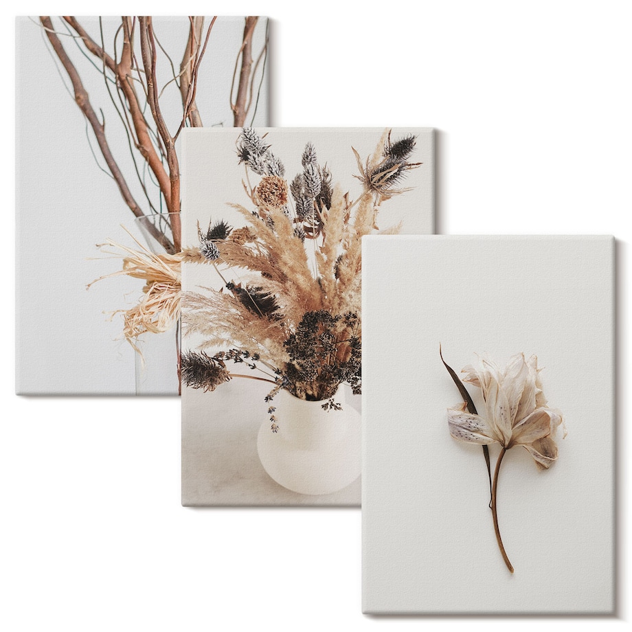 Zestaw 3 małych obrazów na płótnie - Kwiaty gałęzie minimalistycznie - beżowy