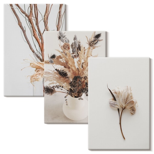 Zestaw 3 małych obrazów na płótnie - Kwiaty gałęzie minimalistycznie - beżowy