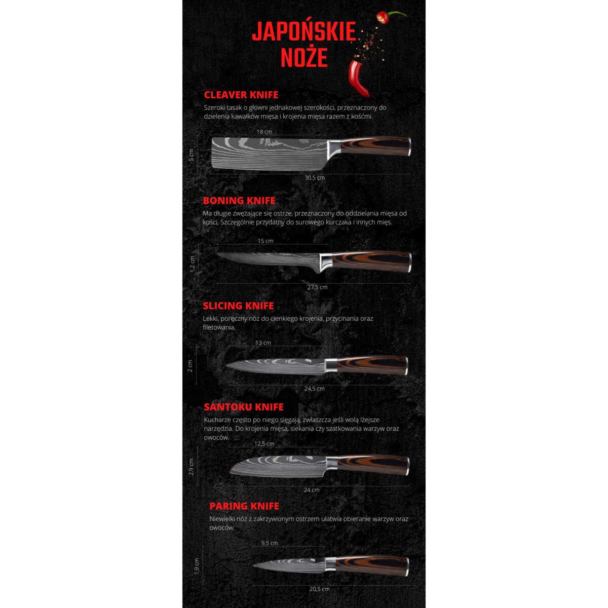 Noże japońskie zestaw 10szt. Muteki w pudełku prezentowym Stal wysokowęglowa