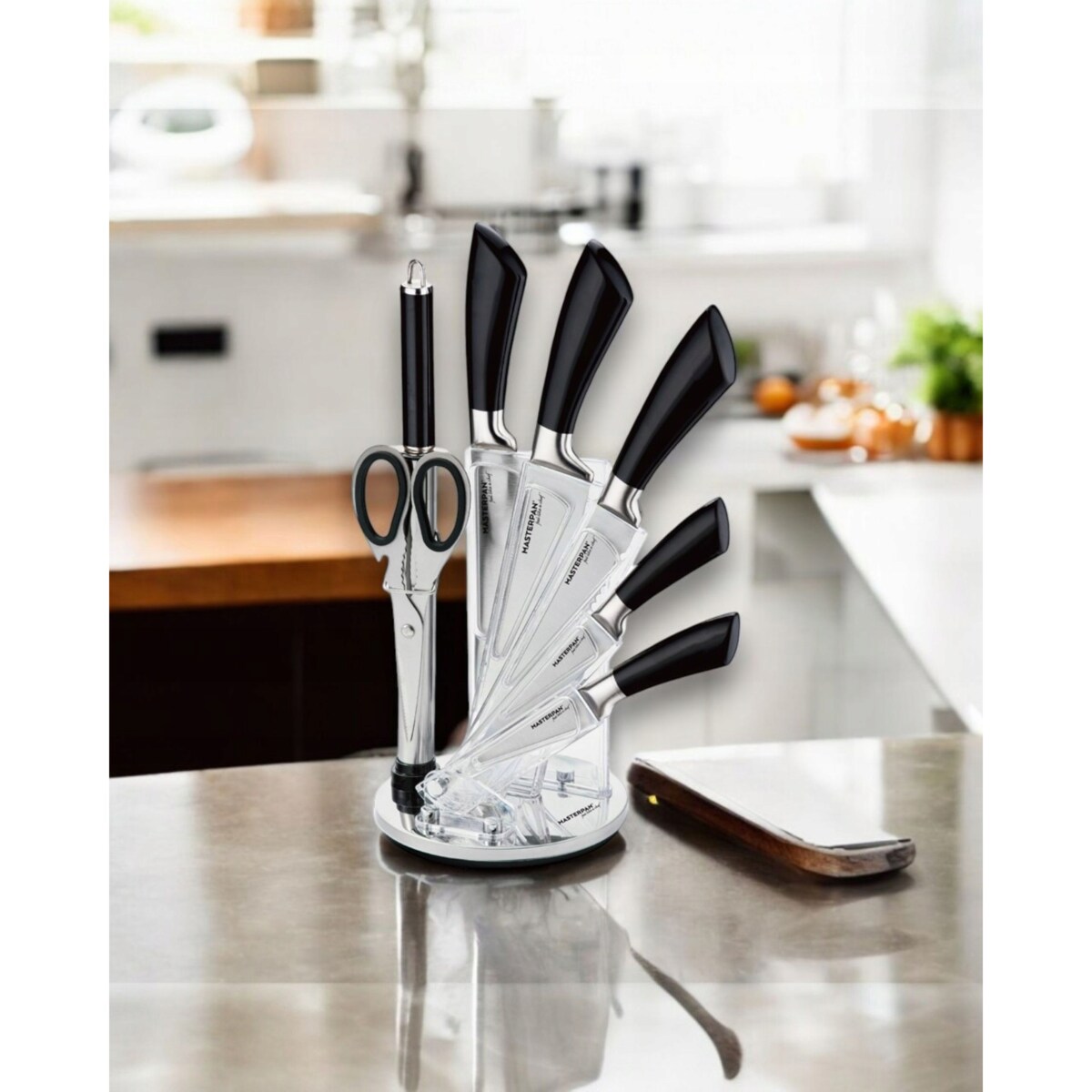 Zestaw Komplet Noży Kuchennych W Stojaku 8 Szt. Ostrzałka Nożyczki Ostre