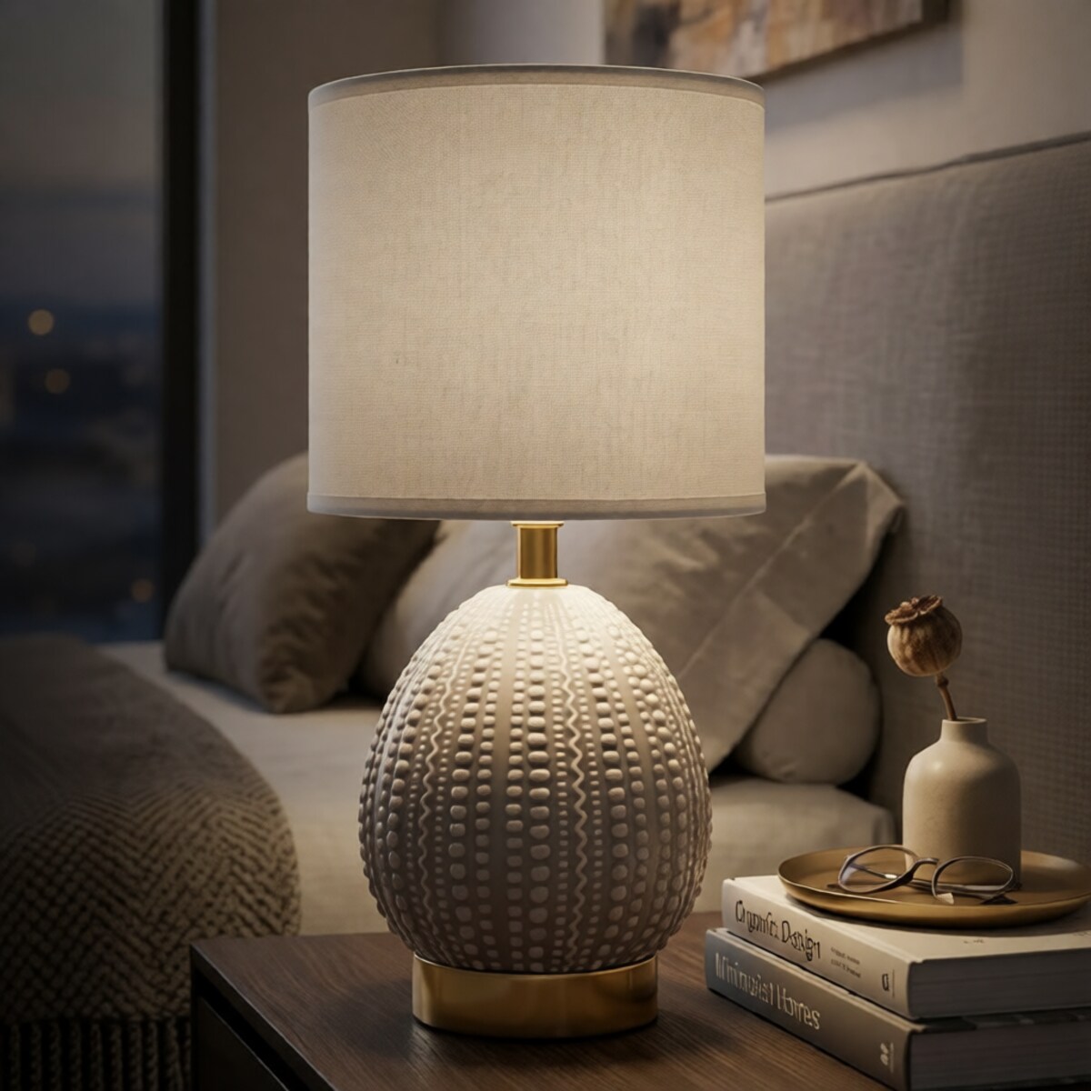 Lampa stołowa Flavi, kolor szary, ceramika, żelazo i tkanina, 15 x 15 x 30,5 cm, 1 x E14, do salonu i sypialni, Mauro Ferretti