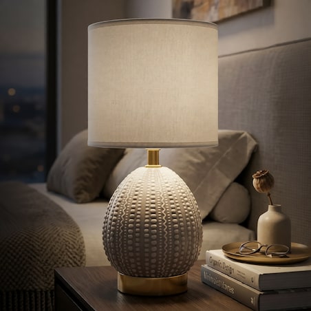 Lampa stołowa Flavi, kolor szary, ceramika, żelazo i tkanina, 15 x 15 x 30,5 cm, 1 x E14, do salonu i sypialni, Mauro Ferretti