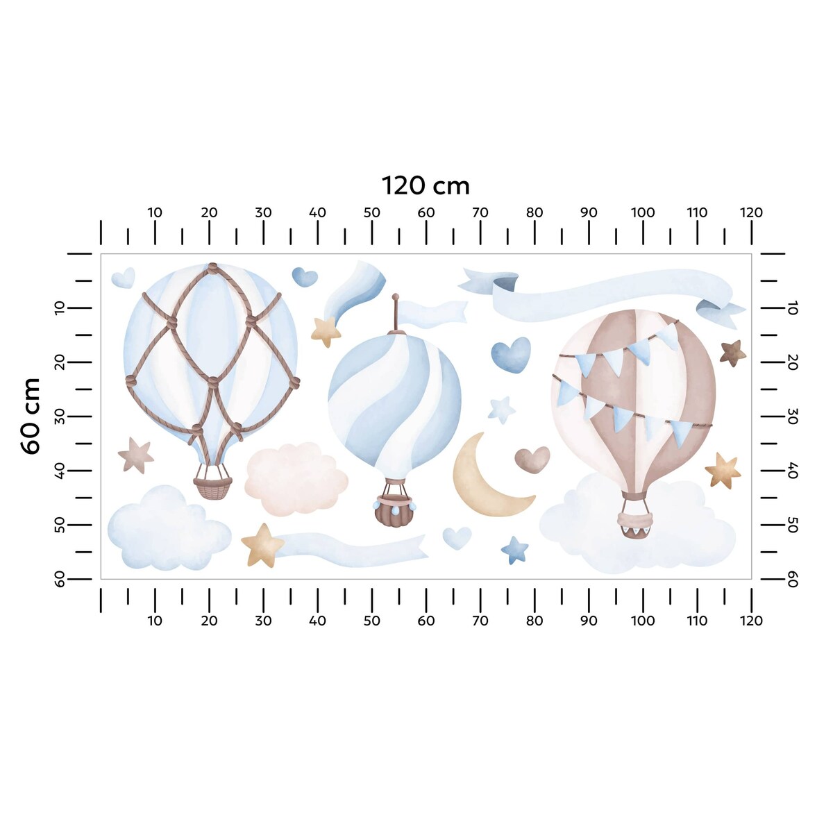 Naklejki Ścienne Dla Dzieci Balony Chmurki Gwiazdy Serca Styl Boho ZESTAW 120x60cm
