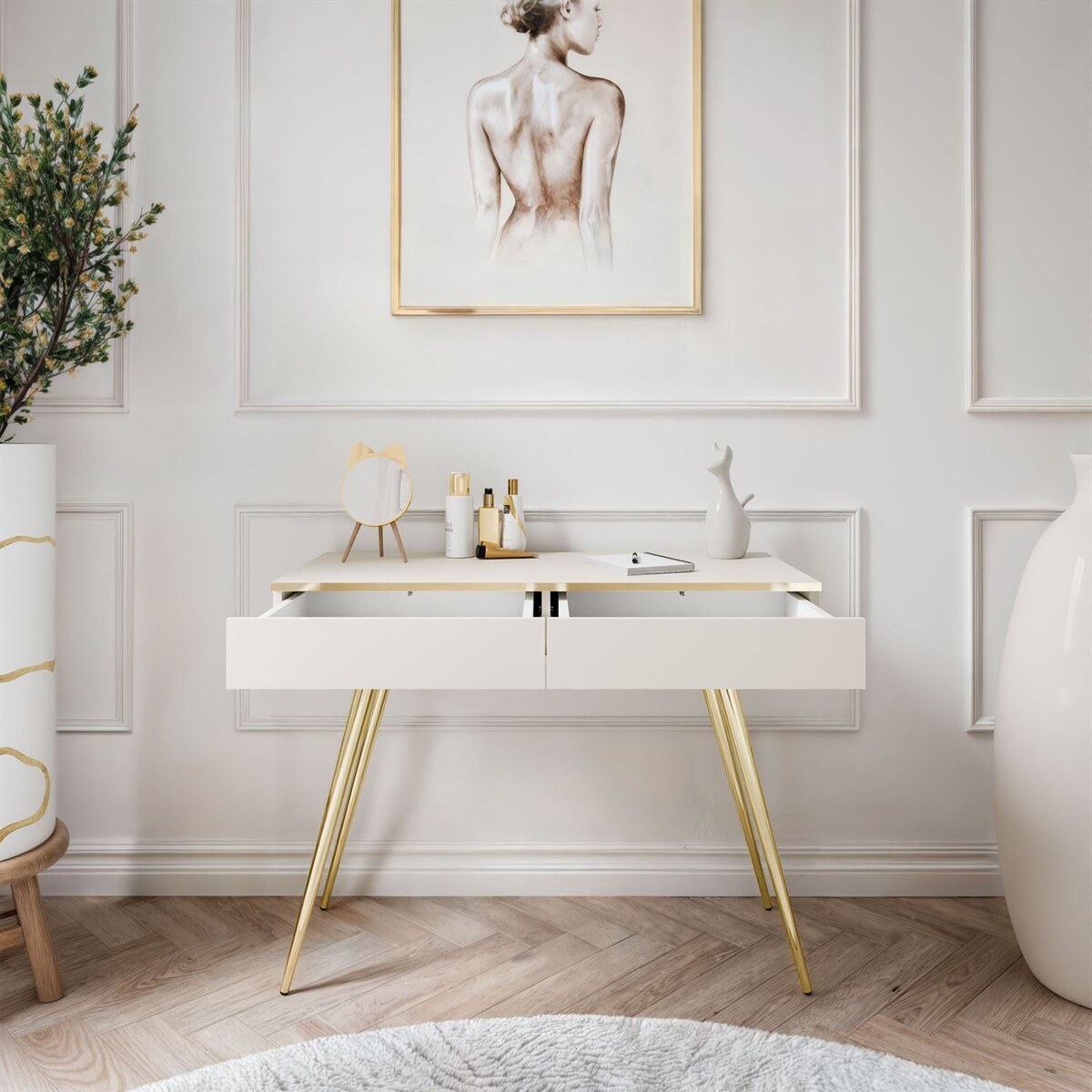 Konsola OXFORD z szufladami na złotym stelażu, beżowy mat