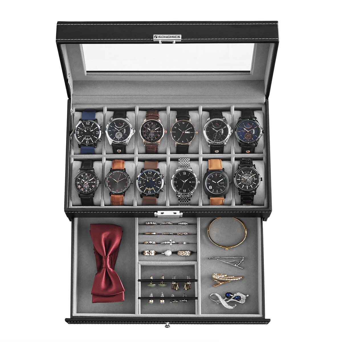 Kasetka Szkatułka Na Zegarki Biżuterie Prostokątna Czarna