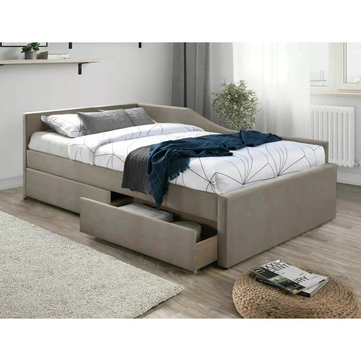 Łóżko tapicerowane ELIOT VELVET 120x200 ciemnobeżowe z szufladami