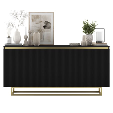 Komoda Glamour Szafka RTV Czarny MAT ryflowane fronty złote akcenty 166,8 cm