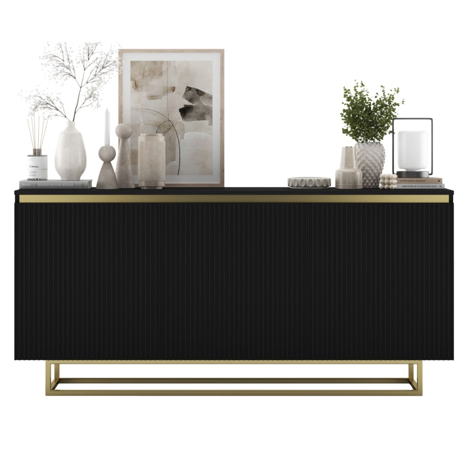 Komoda Glamour Szafka RTV Czarny MAT ryflowane fronty złote akcenty 166,8 cm