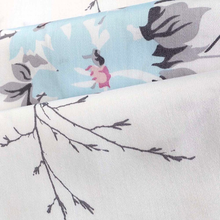 Pościel satyna bawełniana 200x220 Exclusive Gardenya biała w wiosenne różowe i niebieskie kwiaty